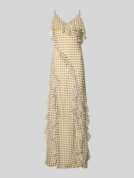 Produktfoto, Slim Fit Maxikleid mit Rüschenbesatz von Jake*s Cocktail, gelb mit Allover-Print, V-Ausschnitt, Spaghetti-Träger, strukturierte Rüschen