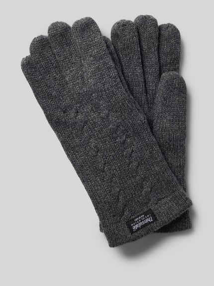 Produktfoto, Handschuhe aus reiner Wolle mit Label-Detail von EEM in Dunkelgrau mit Zopfmuster, gerippter Abschluss, weiche Textur