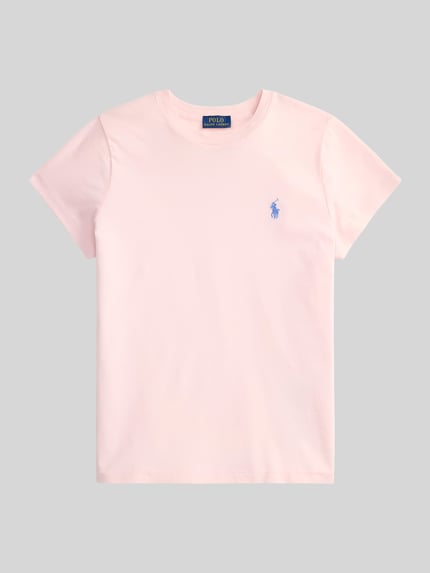 Produktfoto, hellrosa T-Shirt mit Label-Stitching von Polo Ralph Lauren, reine Baumwolle, Regular Fit, runder Ausschnitt, glatte Textur