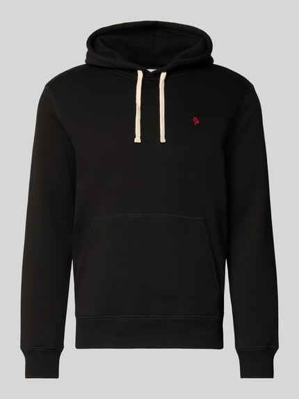 Produktfoto, schwarzer Hoodie mit Känguru-Tasche von REVIEW, Slim Fit, Kapuze mit Tunnelzug, elastische Abschlüsse, Baumwollmischung