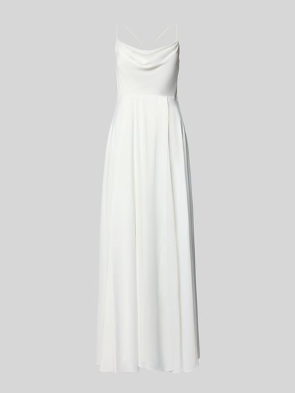 Produktfoto, Abendkleid mit rückseitiger Schnürung und Wasserfall-Ausschnitt von V.M., weiß, A-Linie, fließender Stoff, Maxikleid, Material-Mix mit Stretch-Anteil