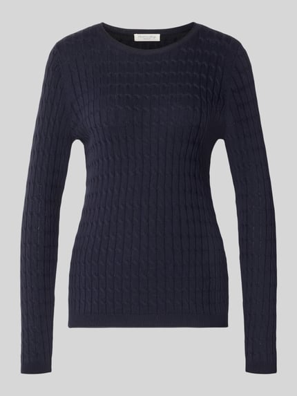 Produktfoto, Slim Fit Strickpullover mit Zopfmuster von Christian Berg Woman in Dunkelblau, Baumwoll-Mix, Rundhalsausschnitt, gerippte Blende