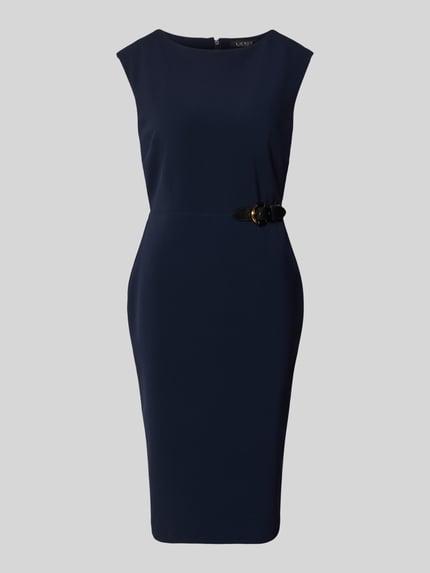 Produktfoto, knielanges Etuikleid Modell 'JAVILLA' von Lauren Ralph Lauren, dunkelblauer Material-Mix mit Viskose-Anteil, gerader Schnitt, Rundhalsausschnitt