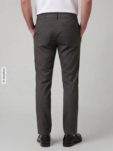Männermodel trägt Tapered Fit Stoffhose mit Viskose-Anteil Modell 'Phil' von Brax in Dunkelgrau, Herren Gerade Hose, Ganzkörperansicht Rückansicht.