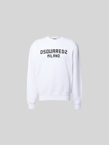 Produktfoto, weißes Cool Fit Sweatshirt aus reiner Baumwolle von Dsquared2 mit Label-Print, Stehkragen, elastische Abschlüsse, gerade Form.