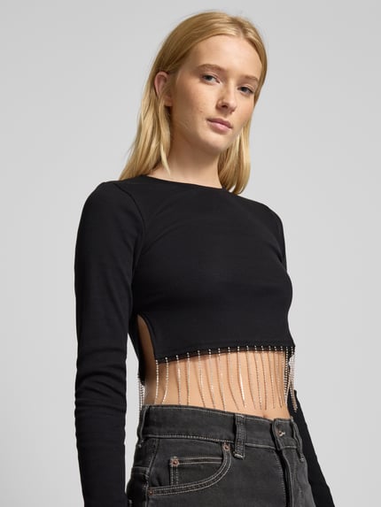 NOISY MAY® Cropped Longsleeve mit Strasssteinbesatz Modell 'MAYA' Silber 3