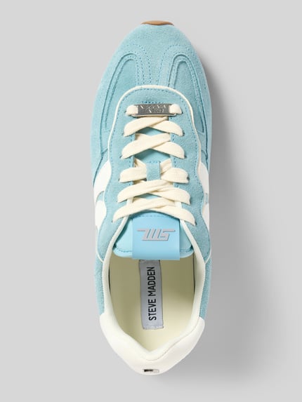 Productfoto, Sneaker uit leer met vetersluiting model 'Abbi-Sm' van Steve Madden, afgeronde neus, labeldetail, rubberzool, blauw-wit, vrouwen sneaker, 1 cm hakhoogte, 7 cm schafthoogte en schachtwijdte