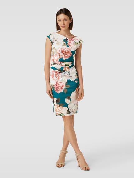 SWING Knielanges Cocktailkleid mit floralem Muster Petrol 1