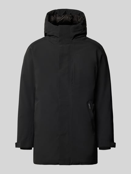 Produktfoto, czarna parka z kapturem JACK & JONES Parka mit Kapuze Modell 'KEEN', krój regular fit, patki przy mankietach, zamek błyskawiczny, Długość tyłu w rozmiarze M: 83 cm, szerokość ramion w rozmiarze M: 48 cm, szerokość klatki piersiowej w rozmiarze M: 59 cm, długość rękawów w rozmiarze M: 66 cm