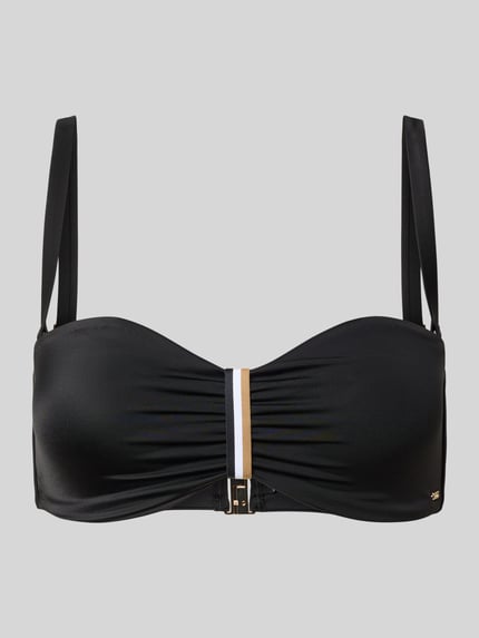 Produktfoto, schwarzes Bikini-Oberteil mit Label-Applikation Modell 'BANDEAU' von BOSS in unifarbener Optik, Stretch-Material, feine Struktur