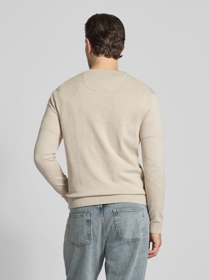 Männermodel trägt Regular Fit Pullover aus reiner Baumwolle von Tom Tailor in Beige, Feinstrick, unifarben, Ganzkörperansicht Rückansicht.