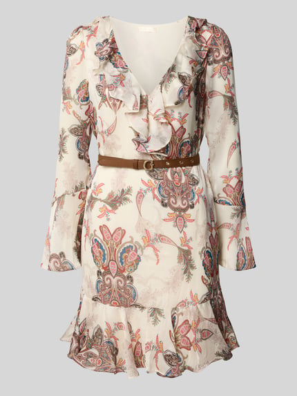 Produktfoto, Minikleid mit Rüschenbesatz von GUESS, taillierte Passform, V-Ausschnitt, florales Muster, lange Ärmel, moderner Stil