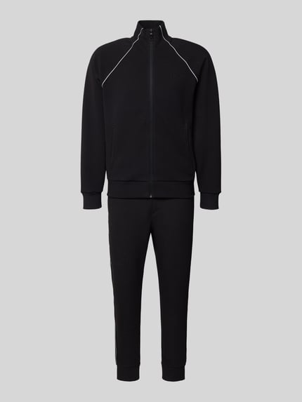 Produktfoto, czarny Regular Fit Sweat-Anzug aus Baumwoll-Mix Modell 'TRACKSUIT SET' von BOSS Green, gładka struktura, detale pasków, kieszenie, zamek
