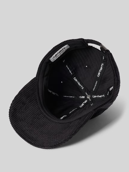 Produktfoto, Basecap mit Logo-Stitching Modell 'Harlem' von Carhartt Work In Progress in Schwarz mit Verstärktem Schirm, Baumwolle, Detailaufnahme