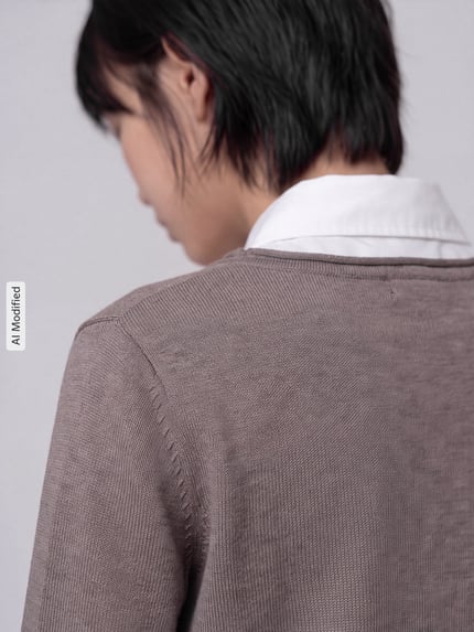 Frauenmodel trägt Regular Fit Pullover aus Baumwoll-Viskose-Mix von s.Oliver RED LABEL in Taupe, feine Strickstruktur, Ganzkörperansicht Rückansicht, KI-modifiziertes Bild