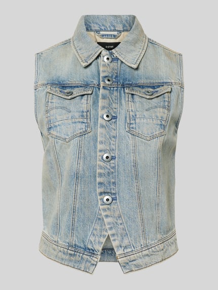 Produktfoto, Slim Fit Jeansweste im Used-Look von G-Star Raw, bawełna, efekt znoszenia, wykładany kołnierz, kieszenie na piersi, listwa guzikowa, długość tyłu w rozmiarze S: 47 cm, szerokość ramion w rozmiarze S: 35 cm, szerokość klatki piersiowej w rozmiarze S: 35 cm