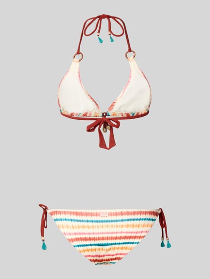 Produktfoto, Bikini mit wattierten Cups und seitlicher Schnürung von Banana Moon, mieszanka materiałów z dodatkiem streczu, model 'AMATOMASSA', top bikini o trójkątnym kształcie z wiązaniem, figi bikini z bocznym wiązaniem oraz ozdobnymi elementami, wielokolorowe pasy, gładka tekstura