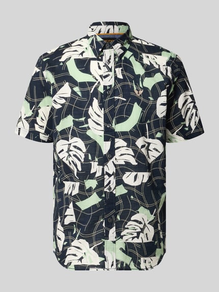 Produktfoto, Slim Fit Freizeithemd im Allover-Look mit Kentkragen von PME Legend, Baumwolle, kurze Ärmel, grün-weißes Blattmuster auf dunkelblauem Grund
