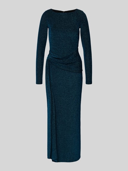 Produktfoto, Schimmerndes Abendkleid mit Knotendetail Modell 'Eden' van Forever New in glanzende blauwgroene stof, ronde hals, aansluitende maxilijn, stretchmix, geribde textuur