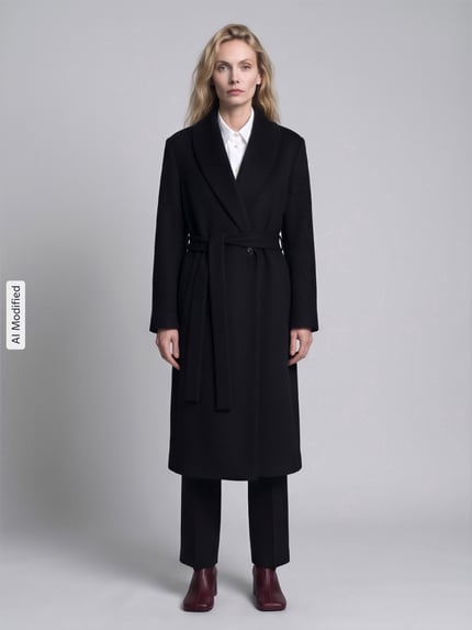 Frauenmodel trägt Regular Fit Mantel mit Woll-Anteil Modell 'Mindina' von HUGO in Schwarz, glatte Textur, Ganzkörperansicht von vorne, Damen Mantel von HUGO, KI-modifiziertes Bild.