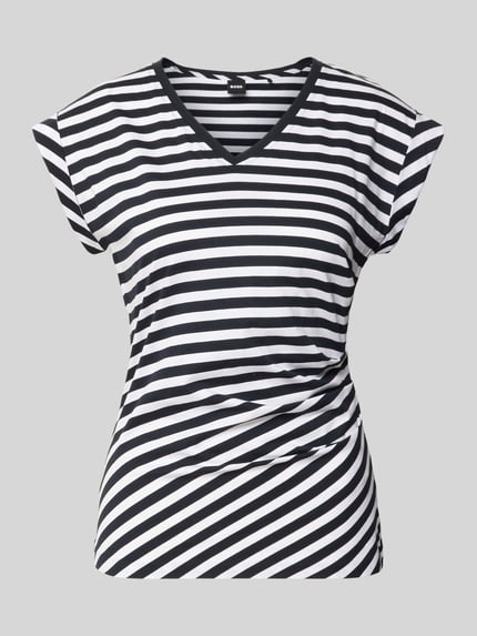Produktfoto, Slim Fit T-Shirt aus reiner Baumwolle Modell EVKA von BOSS, efekt: jednolity kolor, wzór w paski, marszczenie, dekolt w serek, krótki rękaw, brzeg rękawa, drobne prążkowanie, materiał: bawełna