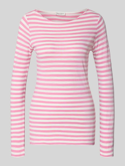 Produktfoto, Regular Fit Langarmshirt aus reiner Baumwolle von Marc O'Polo in Weiß mit rosa Allover-Streifen und U-Boot-Ausschnitt.