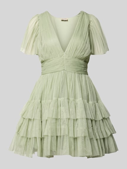 Produktfoto, Cocktailkleid mit tiefem V-Ausschnitt von LACE & BEADS, Damen, aus Tüll, in A-Linie, Minikleid mit Taillenband, Stufen-Look, pastellgrün, feine Faltenstruktur