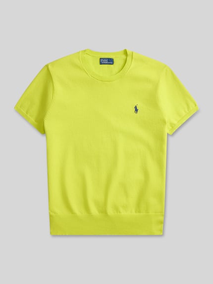 Produktfoto, Regular Fit Kurzarmpullover mit Logo-Stitching von Polo Ralph Lauren, leuchtendes Gelb, Baumwoll-Mix, Rundhalsausschnitt