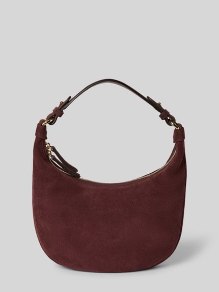 Produktfoto, Hobo Bag aus echtem Leder Modell 'NANA' von Abro in Dunkelrot, samtige Oberfläche, goldfarbener Reißverschluss, Label-Detail metallic, abnehmbarer Schulterriemen, kurzer Henkel, Reißverschluss-Innenfach, Maße 30x28x5 cm, Länge Schulterriemen 32 cm