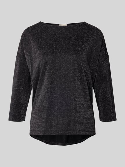 Produktfoto, Schimmerndes T-shirt mit 3/4-arm van Milano Italy, regular fit, ronde hals, dames, zwart met glanzende textuur, lengte 56 cm bij maat S