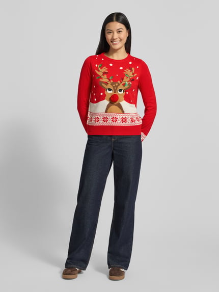 VERO MODA Sweter świąteczny o kroju regular fit z pomponem model ‘FROSTYDEER’ Czerwony 1