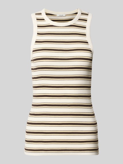 Produktfoto, Tanktop im Allover-Look Modell 'Ireso resort' von OPUS aus Reiner Baumwolle im Slim-Fit, Ripp-Optik, Rundhalsausschnitt, Rückenlänge bei Größe 36: 54 cm, cremebraune Streifen.