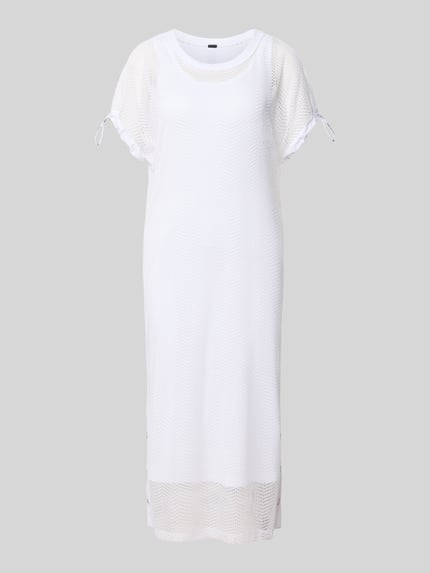Produktfoto, Semitransparentes Midikleid mit Rundhalsausschnitt von Marc Cain aus weißem Material-Mix mit Stretch-Anteil, gerader Schnitt, semitransparente Optik