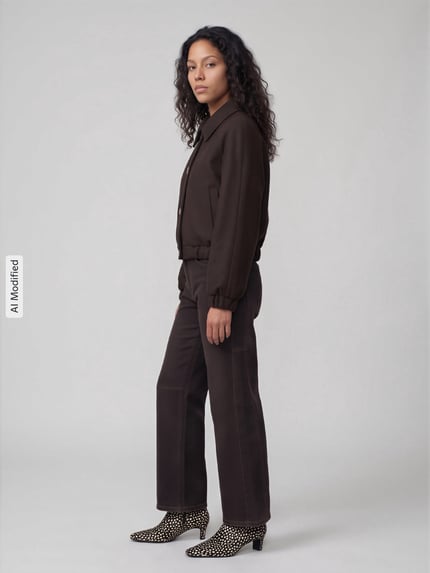 Vrouwenmodel draagt donkerbruine regular fit blouson met raglanmouwen model 'NANCY' van ONLY, Dames bomberjack, geheel van opzij, KI-modifiziertes Bild.