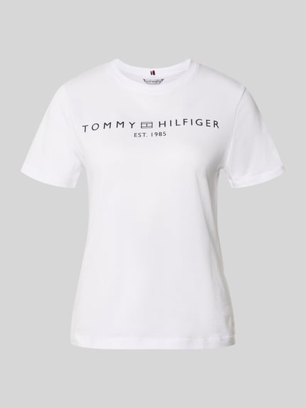 Produktfoto, Regular Fit T-Shirt aus reiner Baumwolle von Tommy Hilfiger, weiß, unifarben, Logo-Schriftzug, Rundhals, kurzarm, Jersey-Textur