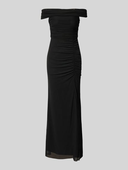 Produktfoto, Abendkleid mit Carmen-Ausschnitt von Jake*s Cocktail in Schwarz, figurbetont, Maxilänge, geraffte Textur, glatter Stoff.