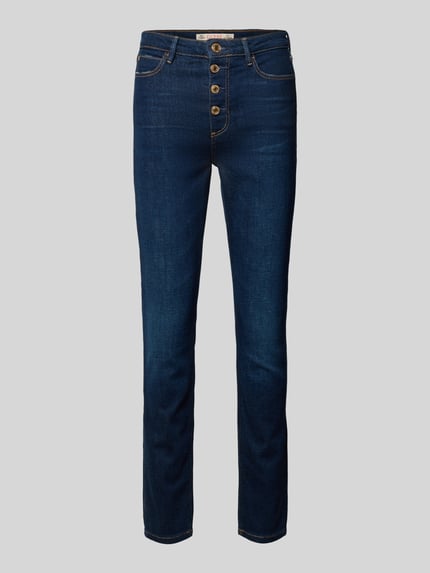 Produktfoto, Jeans met 5-pocket-design van Guess, donkerblauw katoenmix met stretch, slim fit, knoopsluiting, egaal oppervlak.