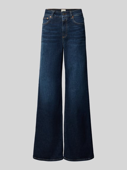 Produktfoto, granatowe jeansy w stylu krój wide fit, mieszanka bawełny i elastanu, 5 kieszeni, szlufki na pasek, zapięcie na guzik i zamek błyskawiczny, szerokość w rozmiarze 27/32: 36 cm, długość wewnętrzna nogawki w rozmiarze 27/32: 84 cm, Wide Fit Jeans aus elastischem Baumwoll-Mix Model 'JANNA' od Closed