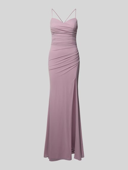Produktfoto, Slim Fit Avondjurk met loopsplit van Luxuar, met plooien, vetersluiting, spaghettibandjes, ruglengte maat 36: 141 cm, borstwijdte maat 36: 29 cm, lichtroze kleur, gladde stof