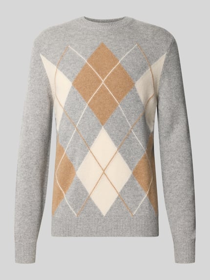 Produktfoto, Slim Fit Pullover aus reinem kasjmier in tricotlook van Christian Berg Men voor heren, grijs, beige en wit met ruitpatroon, ronde hals, ruglengte maat M 70 cm, mouwlengte maat M 68 cm