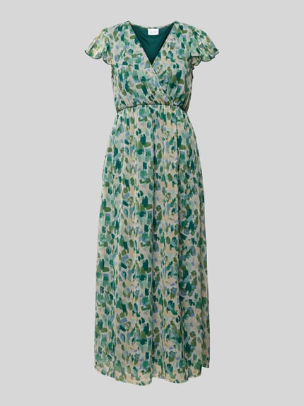 Produktfoto, Midikleid im Allover-Look Modell 'EMMA' von Vila, A-Linie, V-Ausschnitt, mehrfarbig mit floralen Formen, zarte Textur, Rückenlänge bei Größe 36: 126 cm, Brustweite bei Größe 36: 42 cm