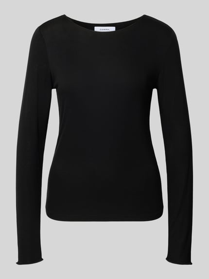 Produktfoto, schwarzes Longsleeve aus Lyocell-Mix von COMMA mit Rundhalsausschnitt, tailliertem Schnitt und glatter Textur, Rückenlänge 56 cm bei Größe 36