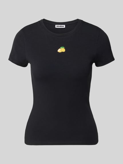 Produktfoto, zwart Slim Fit T-shirt met motiefstitching model 'Fruity' van REVIEW, katoenmix, dames, ronde hals, ruglengte maat S 55 cm