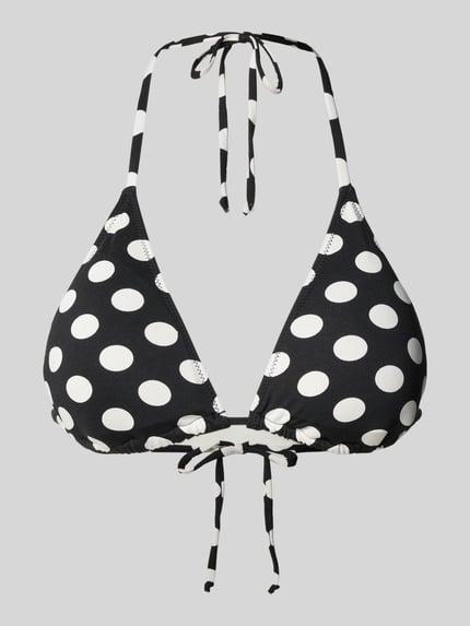 Produktfoto, schwarzes Bikini-Oberteil mit weißen Punkten und Schnürung, Modell 'KIRA' von Neo Noir, körpernahe Passform, Stretch-Material