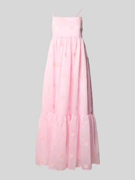 Produktfoto, Midikleid aus Lyocell-Mix Modell 'Cherish' von SUNCOO PARIS in Rosa mit floralem Zierbesatz, Relaxed-Fit, Spaghetti-Träger.