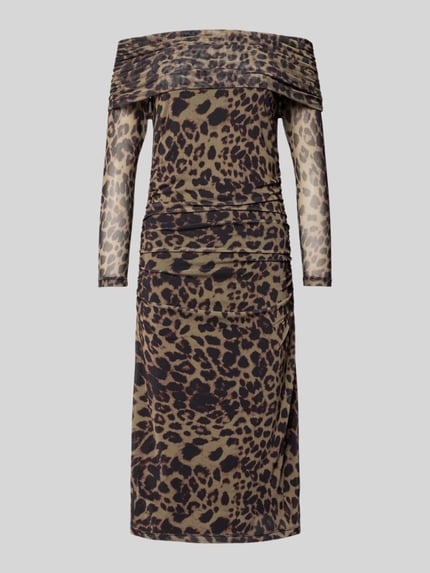Produktfoto, Slim Fit Midikleid mit Allover-Animal-Print Modell 'Parda' von ICHI, brązowo-czarne wzory, lekko przezroczysty, długi rękaw, elastyczny materiał