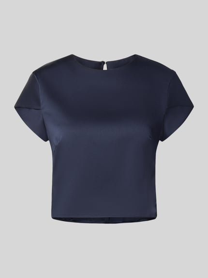 Produktfoto, Bluse aus Satin von Rinascimento in Dunkelblau, glatte Oberfläche, gerade Passform, Kurzarm, Rundhalsausschnitt, Stretch-Anteil