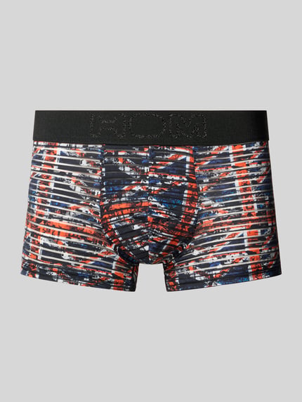 Produktfoto, Trunks mit elastischem Logo-Bund Modell 'Malcom' von HOM, mehrfarbiges Streifenmuster mit schwarzem Bund, körpernaher Schnitt, Herren Trunks aus Material-Mix mit Stretch-Anteil