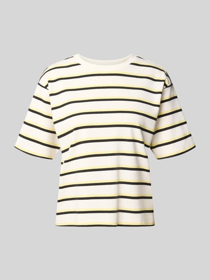 Produktfoto, T-Shirt im Allover-Look mit Rundhalsausschnitt von JAKE*S STUDIO WOMAN, Baumwoll-Mix, creme mit schwarzen und grünen Streifen.