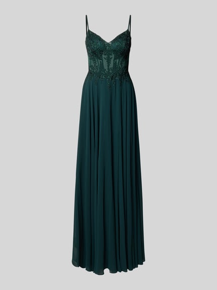 Produktfoto, Abendkleid mit Ziersteinbesatz von Luxuar in dunklem Grün, Tüll, florale Stickereien, Maxilänge, semitransparente Textur